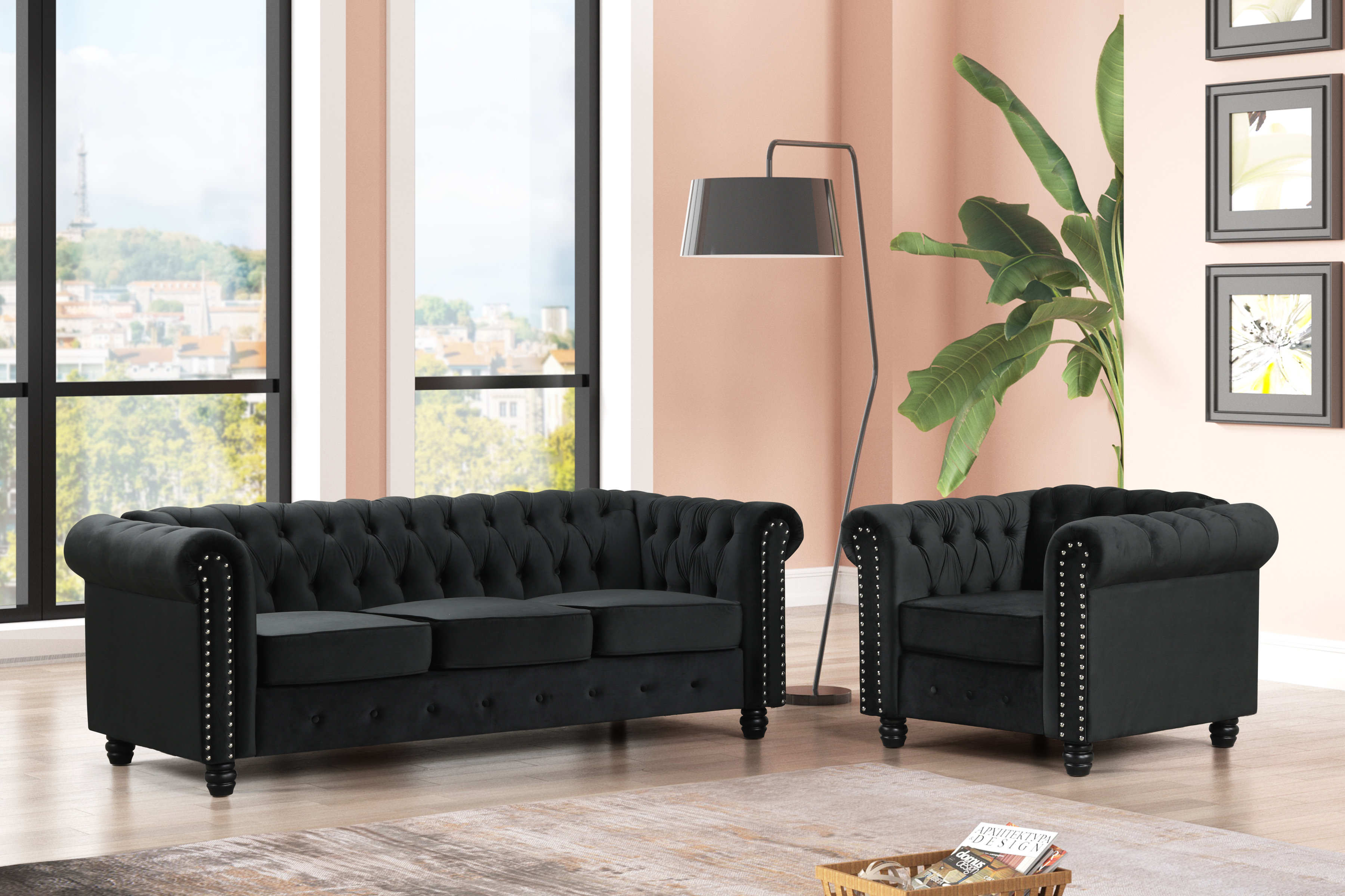 USLivings Altman Black Velvet Chesterfield Sofa And Arm Chair Set Wayfair Canada